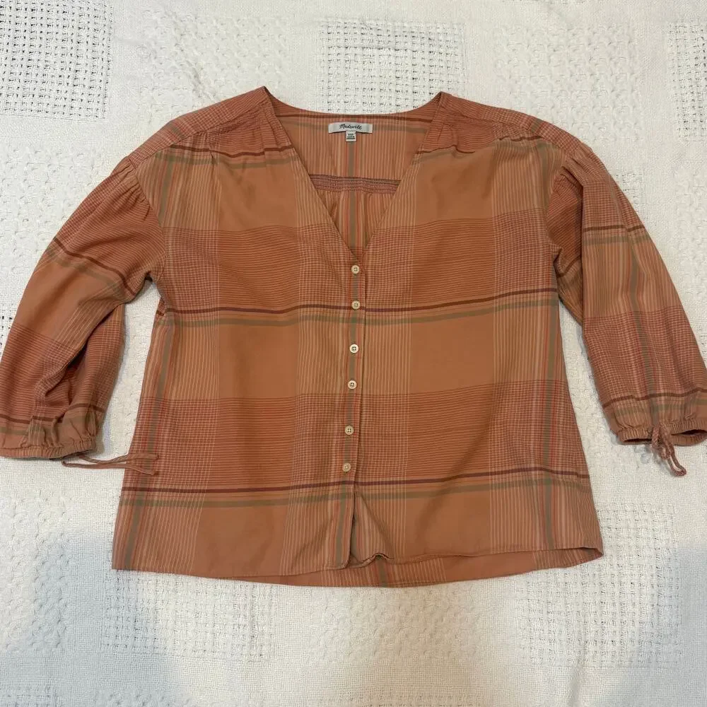 Madewell XXS Morningview tie sleeve button front v neck blouse top TB 2789